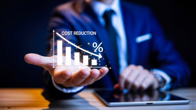 A businessman in a suit presents a downward trending cost reduction graph with percentage indicator, symbolizing financial savings and economic strategy