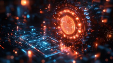 Abstract digital circuit board with glowing center