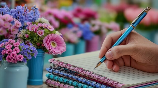 A person is writing in a notebook with a pen, surrounded by flowers. The flowers are in various vases and are of different colors. The notebook is open to a page with a flowery design