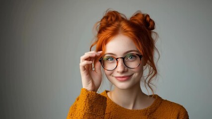Portrait of a young red-haired woman in glasses on a gray background. Warm smile and natural light. - Powered by Adobe