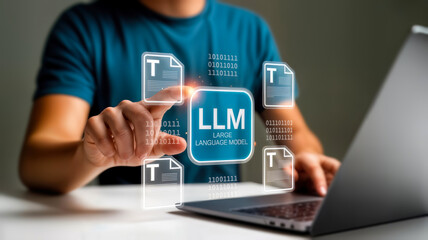 A person touches a glowing blue icon labeled llm large language model while using a laptop, with document icons in the background