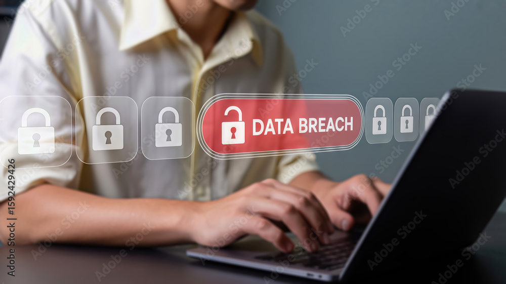 Poster a person types on a laptop as a red alert highlights a data breach, with locked and unlocked padlock