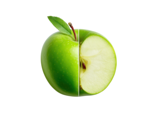 Closeup of a freshly cut green apple, look into the juicy and ripe interior juicy