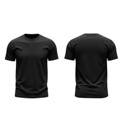 High-quality 3D render of a black short-sleeve t-shirt, front and back views, perfect for apparel design, realistic fabric texture, minimalist style, clean and modern isolated transparent background,