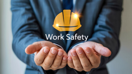 A man in a suit offers a glowing yellow hard hat in his hands, symbolizing work safety and protection in the industry