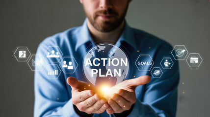A man holds a glowing digital globe with action plan and goals displayed, signifying global strategy and business planning