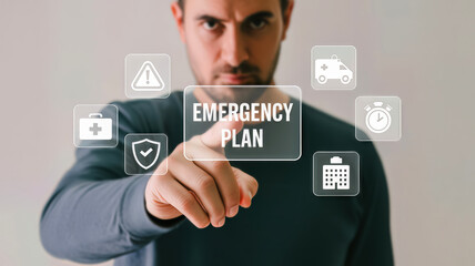 A man points to a digital screen displaying emergency plan surrounded by icons for safety and crisis management, emphasizing preparedness
