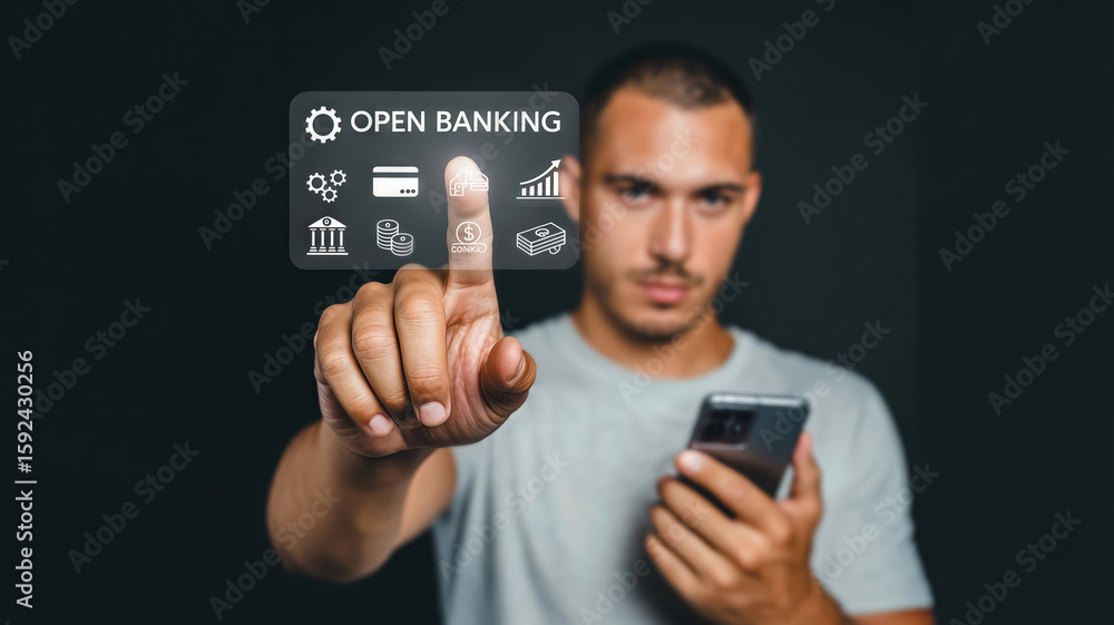 Aufkleber a man holding a smartphone points to a digital interface displaying open banking with financial icon