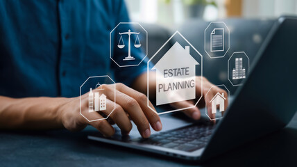 A person uses a laptop for estate planning, with icons representing legal services, property, and financial management for future security