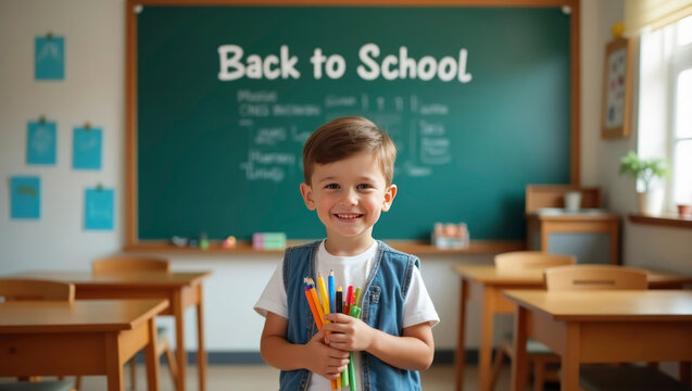 A cheerful boy stands in a classroom, holding a bundle of colored pencils. The room is set up for the new school year, with a large chalkboard in the background announcing back to school
