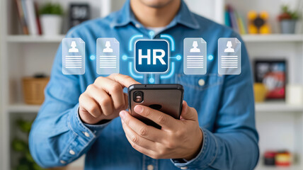 A person uses a smartphone to manage human resources, with icons representing employee profiles and documents, set against a backdrop of bookshelves