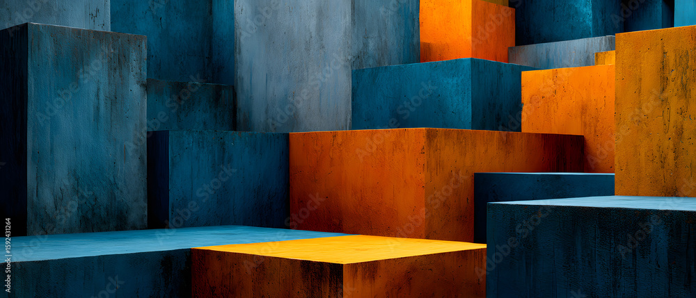 Aufkleber blue and orange wall made of blocks. the blue blocks are stacked on top of each other and the orange