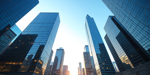 Upward wide-angle view of modern corporate skyscrapers with glass reflections and open blue sky, symbolizing business growth, financial ambition, and real estate development in urban city centers.