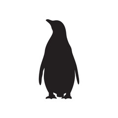 A simple black silhouette of a penguin standing on white background