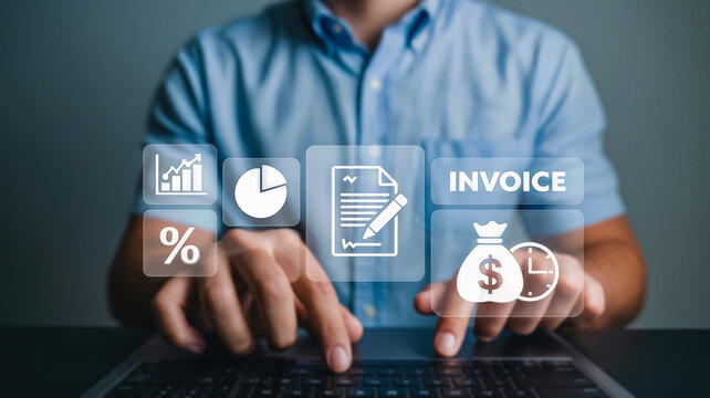 A persons hands type on a laptop, interacting with digital icons representing invoicing, financial data, and payment, highlighting business and accounting processes