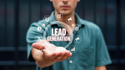 A man presents the concept of lead generation with surrounding icons representing business growth and marketing strategies