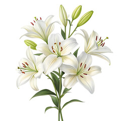 Fototapeta premium Elegant bouquet of white lilies with green stems and buds isolated on transparent background