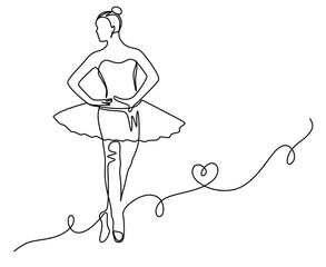 Continuous line art of a young and sexy female ballet dancer or ballerina. Conceptual dance movement of a ballet dancer performing. Wall poster with fashion print.
