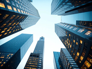 Upward wide-angle view of modern corporate skyscrapers with glass reflections and open blue sky, symbolizing business growth, financial ambition, and real estate development in urban city centers.