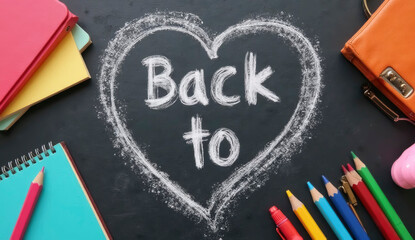 School supplies including pencils, markers, and notebooks are arranged around a heart drawn in chalk on a blackboard. The cheerful atmosphere signifies the return to school season