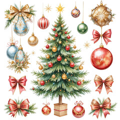 Fototapeta premium Watercolor illustration clipart set with decorated Christmas tree, baubles, bows, and festive ornaments. Perfect for holiday design