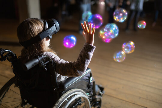 Disabled student with VR headset using AI artificial intelligence technology, machine learning. Interactive technology in classroom. Innovation & smart tech. AI orb hologram. Futuristic education	