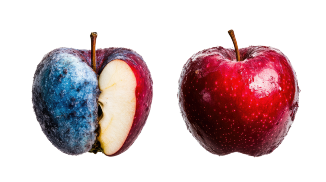 Apple split in half showing contrast between fresh red side and rotten decayed side with texture detail isolated on white background