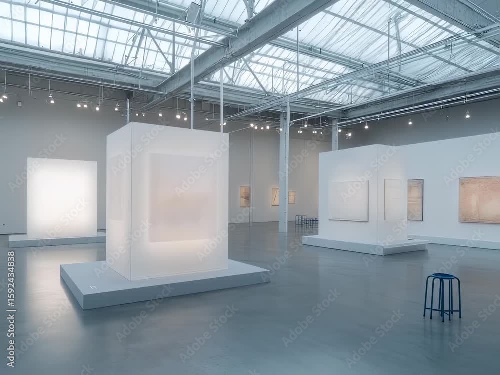 Poster minimalist art gallery interior with white cube structures and skylight views in a large