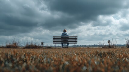 Person seated quietly on bench under vast cloudy sky, expressing introspection and emotional distance Image 4K UHD