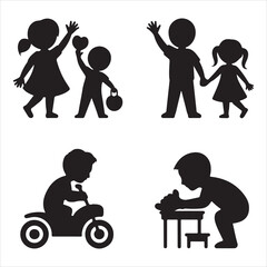 Playful Kids Silhouette Vector Set Riding, Drawing & Walking Clipart