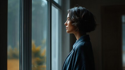 Confident woman standing by window with natural background, expressing mindfulness and emotional balance Image 4K UHD