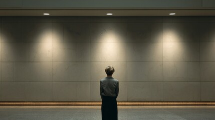 Solitary figure facing textured wall in moody light, representing mental silence and emotional withdrawal Image 4K UHD
