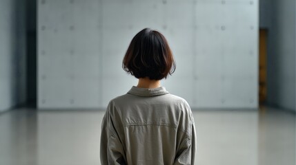Young woman standing alone in blank room, evoking themes of identity, solitude, and emotional space Image 4K UHD
