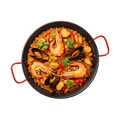 Delicious Paella with Seafood and Chicken in a Pan.