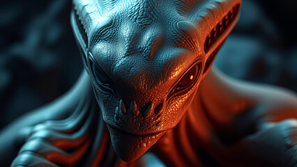A science fiction illustration of a fierce alien with a depth-of-field background.