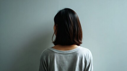 Back view of woman near blank wall in daylight, portraying emotional stillness and gentle mindfulness Image 4K UHD