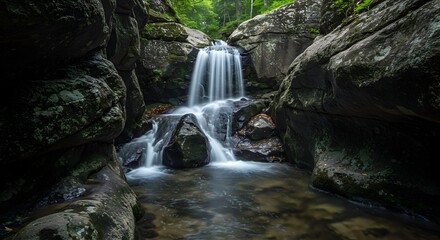 Serene Waterfall Cascading Through Rocky Gorge
