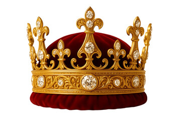 Ornate gold crown with red velvet and diamonds isolated on transparent background