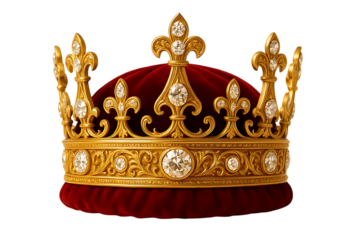 Ornate gold crown with red velvet and diamonds isolated on transparent background