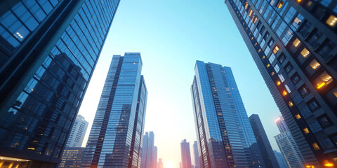 Upward wide-angle view of modern corporate skyscrapers with glass reflections and open blue sky, symbolizing business growth, financial ambition, and real estate development in urban city centers.