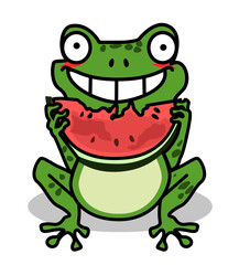 Illustration of a frog with a piece of watermelon