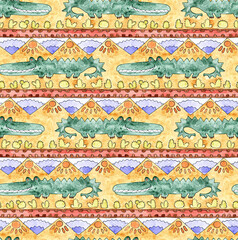 Seamless desert landscape. Watercolor and ink hand-drawn pattern with mountains, crocodiles, cacti, and sun. Playful and colorful.