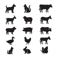 Simple Black Silhouette Icons of Farm Animals and a Cat