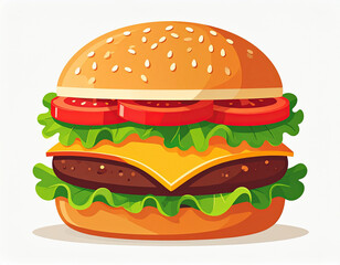 Delicious cartoon burger with sesame seed bun isolated on white background