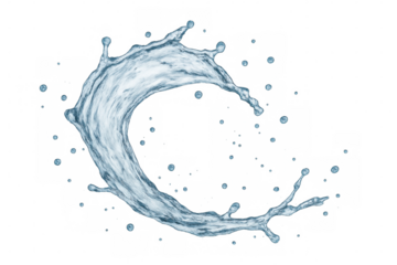 Clean water creating a vibrant circular splash, sending droplets flying against a transparent background, showcasing dynamic fluid motion