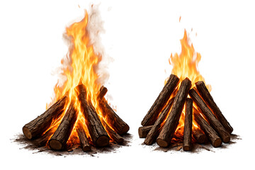 Two campfires burning brightly with warm isolated on transparent background