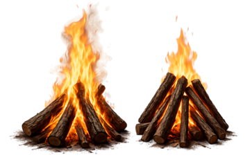 Two campfires burning brightly with warm isolated on transparent background