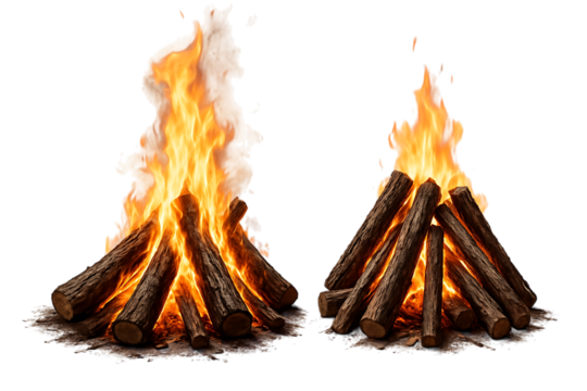 Two campfires burning brightly with warm isolated on transparent background