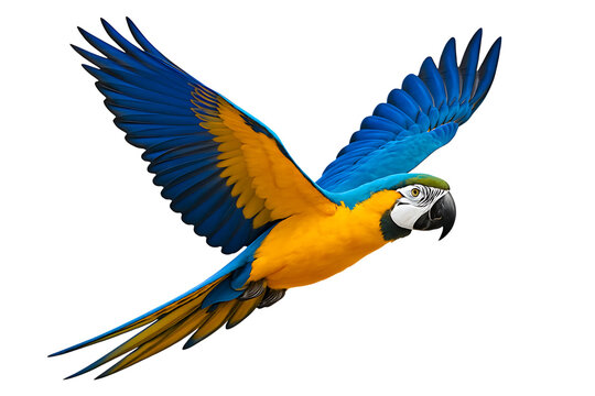 Vibrant blue and yellow macaw parrot in flight isolated on transparent background