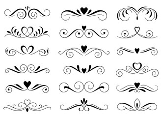 Collection of black decorative flourishes and heart ornaments on white background